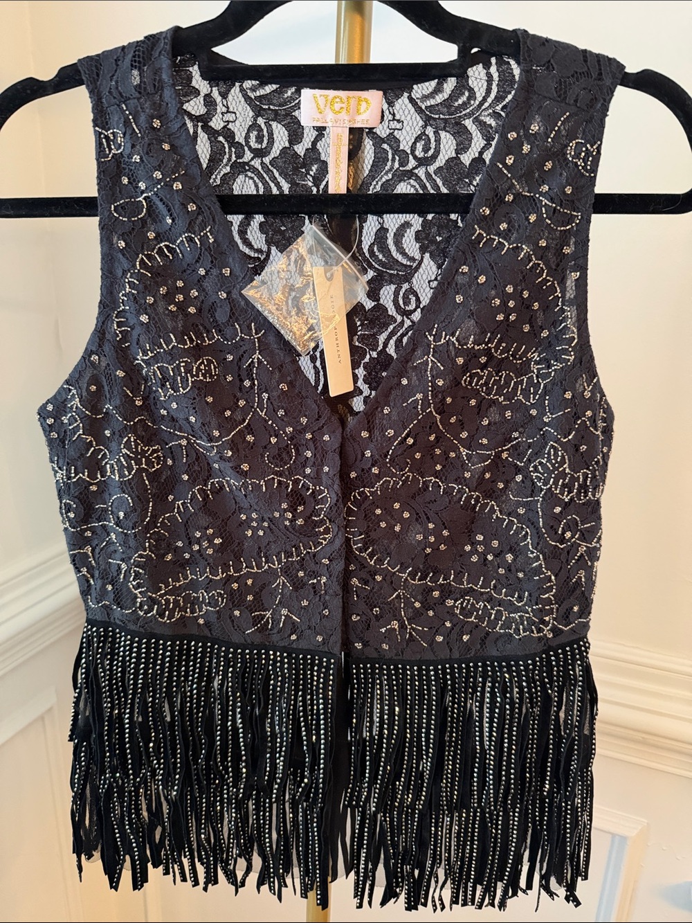 Black Lace Beaded Fringe Tank Vest